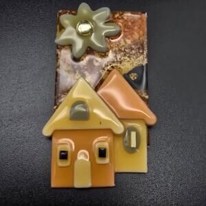 House Pin By Lucinda Brooch Resin Brown Beige Vintage Jewelry
